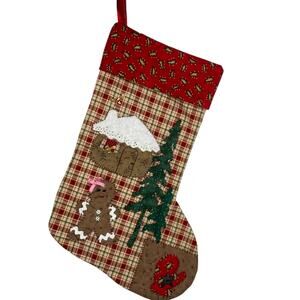 Gingerbread Quilted Christmas Stocking Plaid Red House Girl Tree Mitten Applique